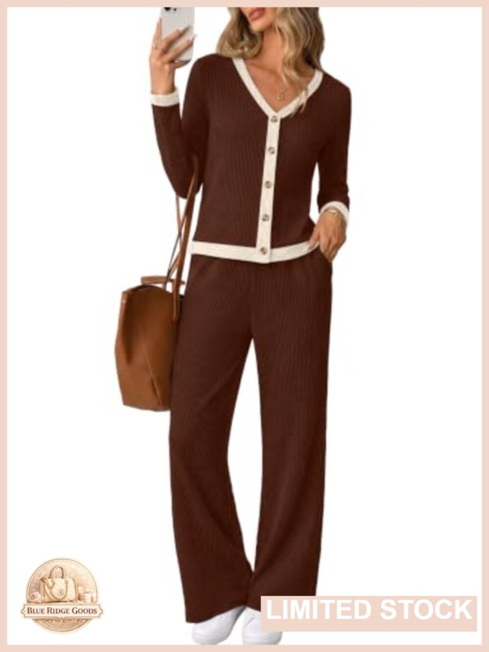 Ribbed Knit 2 Piece Button Front Cardigan and Flare Pant Set Loungewear